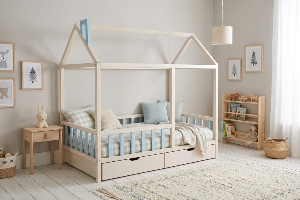 Bērnu namiņgulta 80x170 balta zila – Nr. 400
