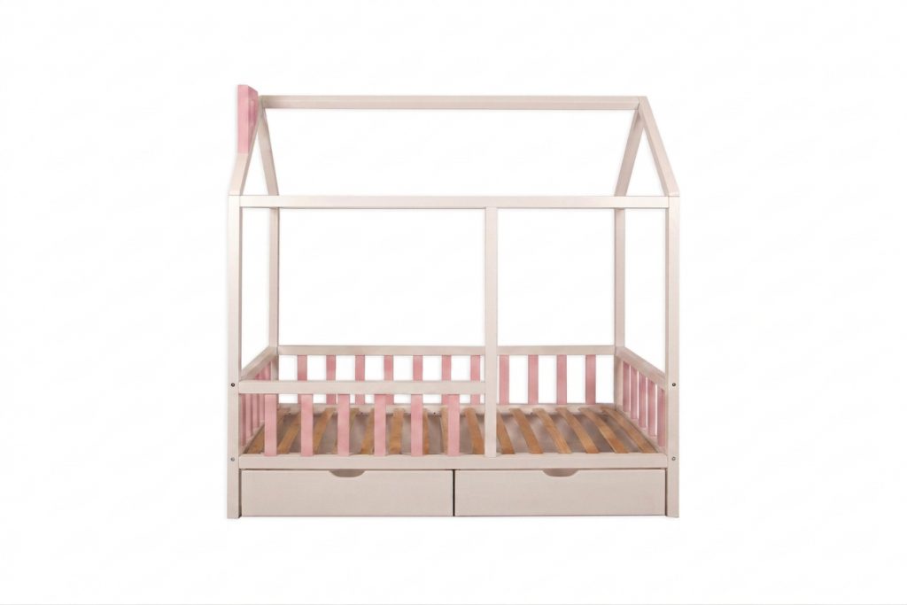 Bērnu namiņgulta 80x170 balta rozā – Nr. 402 balts fons