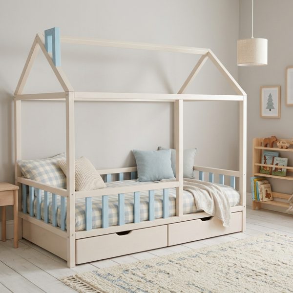 Bērnu namiņgulta 80x170 balta zila – Nr. 400