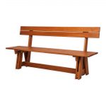 Brown wooden garden bench “Riva” with backrest for terrace use.