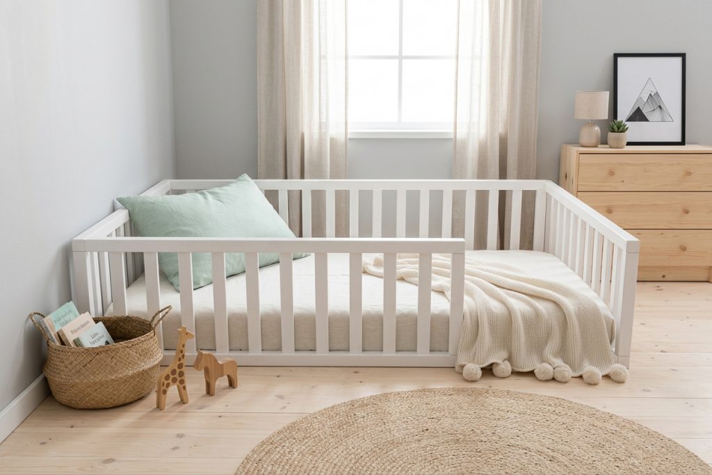 Valge puidust Montessori voodi lastele